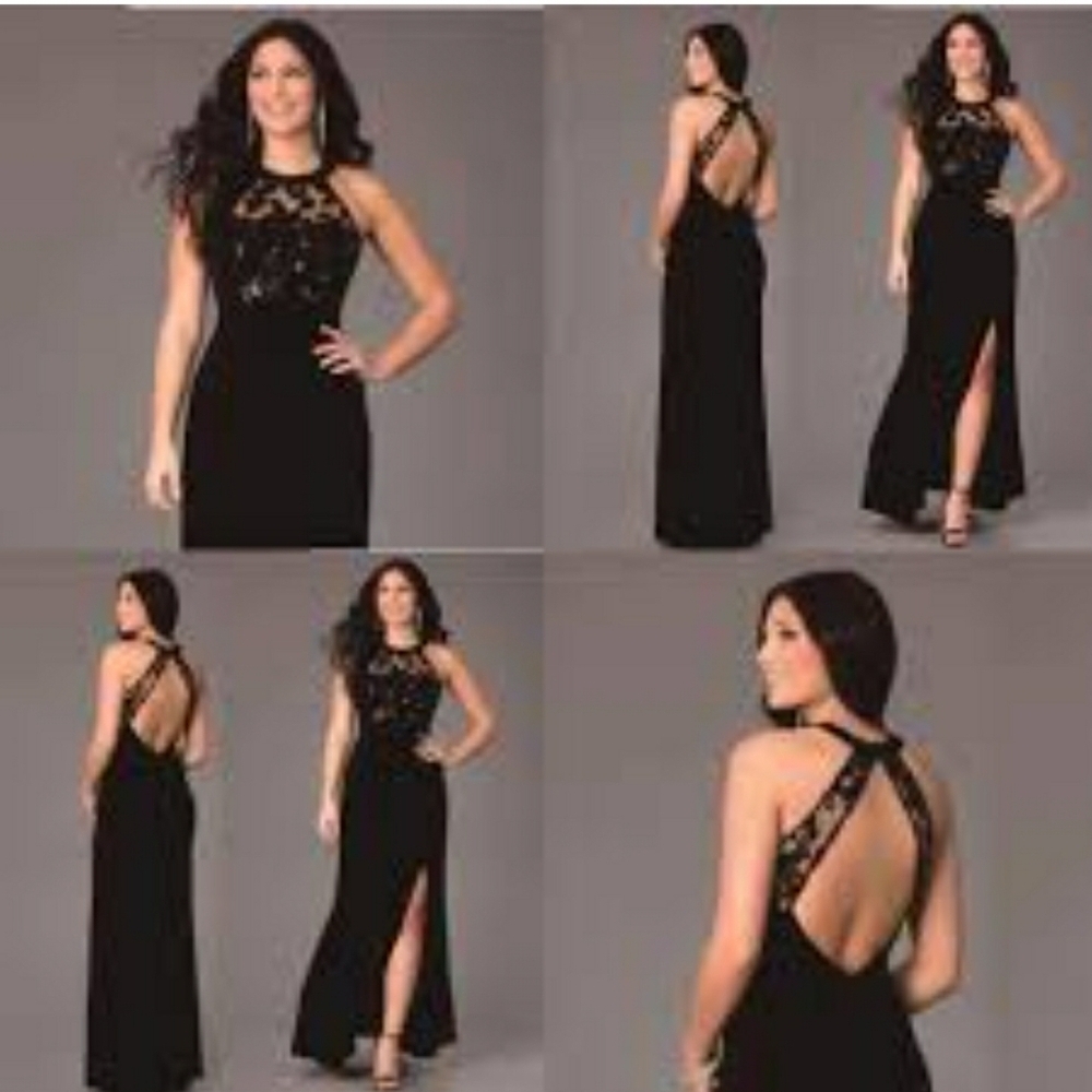 My Michelle-Long Black Open Back Lace Bodice Gown, Size 7